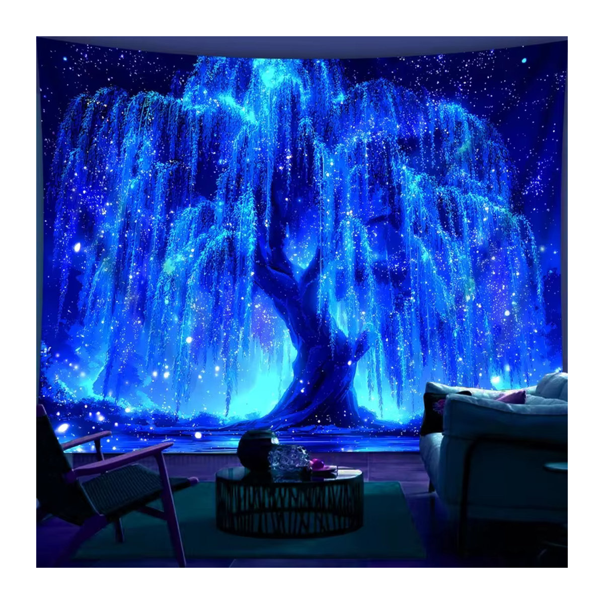 VIKAMA Wandteppich mit Sternenhimmel-Baum-Print in Blau, Rechteckig, B: 150 cm, H: 100 cm - Bild 2