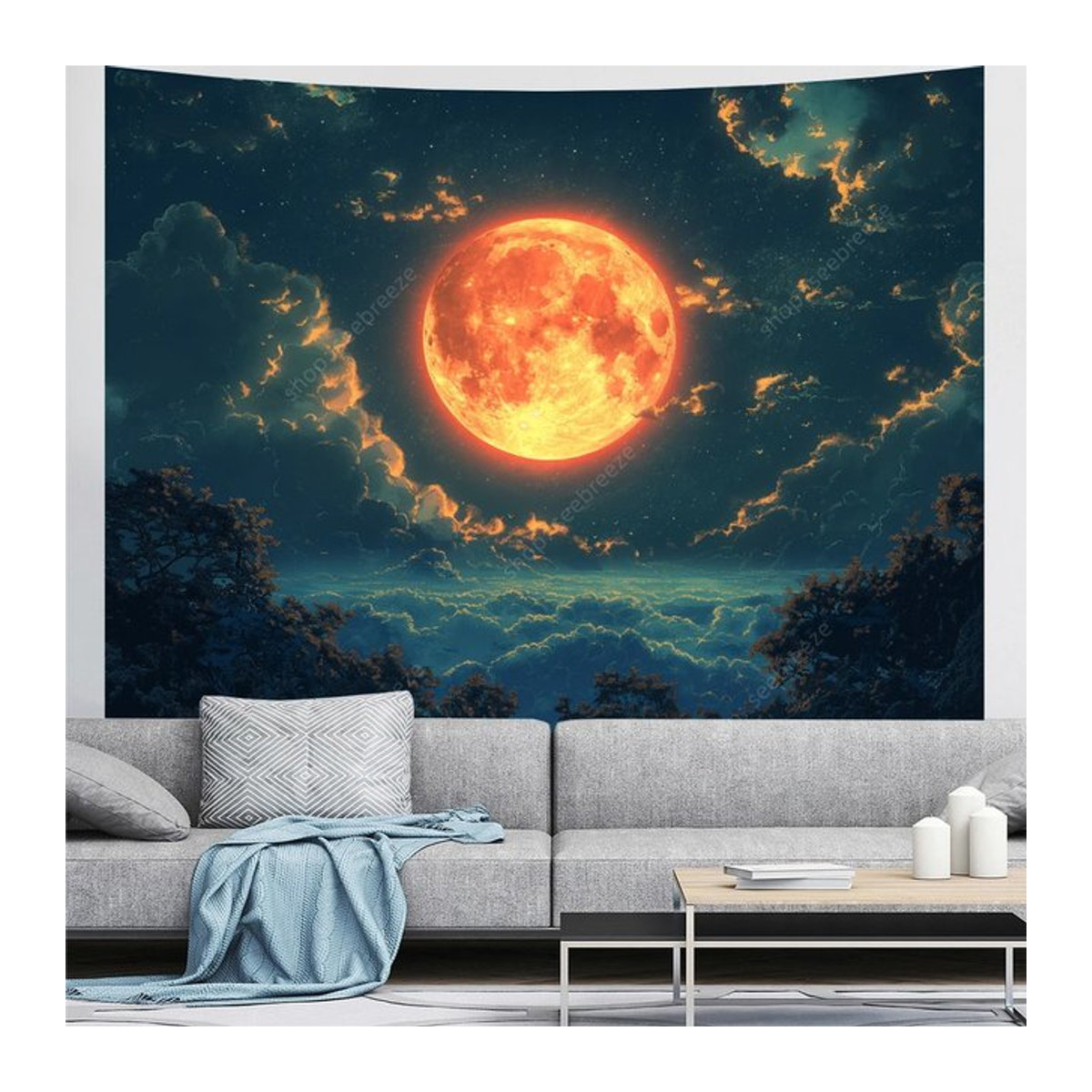 VIKAMA Wandteppich mit Sternenhimmel, Flammen- und Mondmuster in Mehrfarbig, Skandinavischer Stil für dein Wohnzimmer oder Schlafzimmer - Bild 1