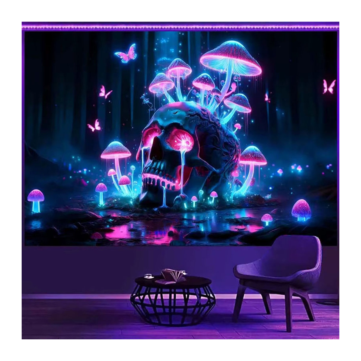 VIKAMA Wandteppich mit Totenkopf und Pilzen im psychedelischen Cyberpunk-Stil, mehrfarbig, B/H: 90 x 60 cm - Bild 1