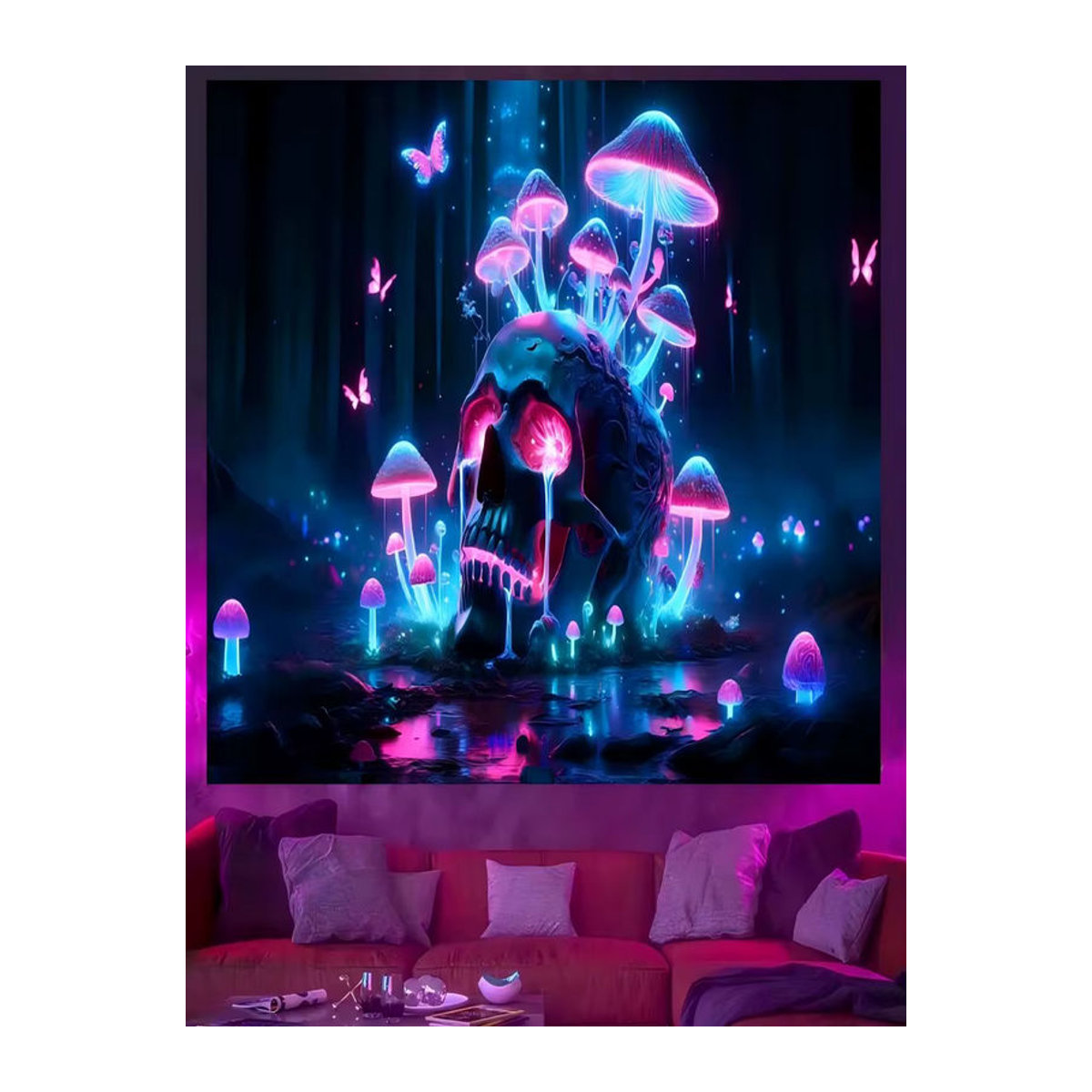 VIKAMA Wandteppich mit Totenkopf und Pilzen im psychedelischen Cyberpunk-Stil, mehrfarbig, B/H: 90 x 60 cm - Bild 2