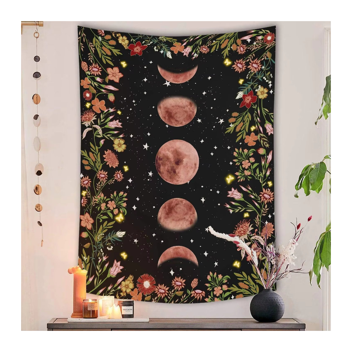 VIKAMA Wandteppich Mondlicht mit Blumen und Pflanzen im Bohemian Stil, Schwarz, B/H: 60 x 40 cm - Bild 2