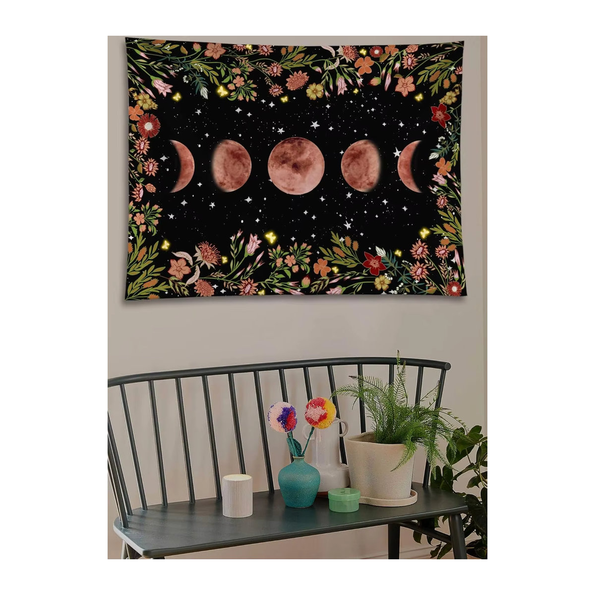 VIKAMA Wandteppich Mondlicht mit Blumen und Pflanzen im Bohemian Stil, Schwarz, B/H: 60 x 40 cm - Bild 3