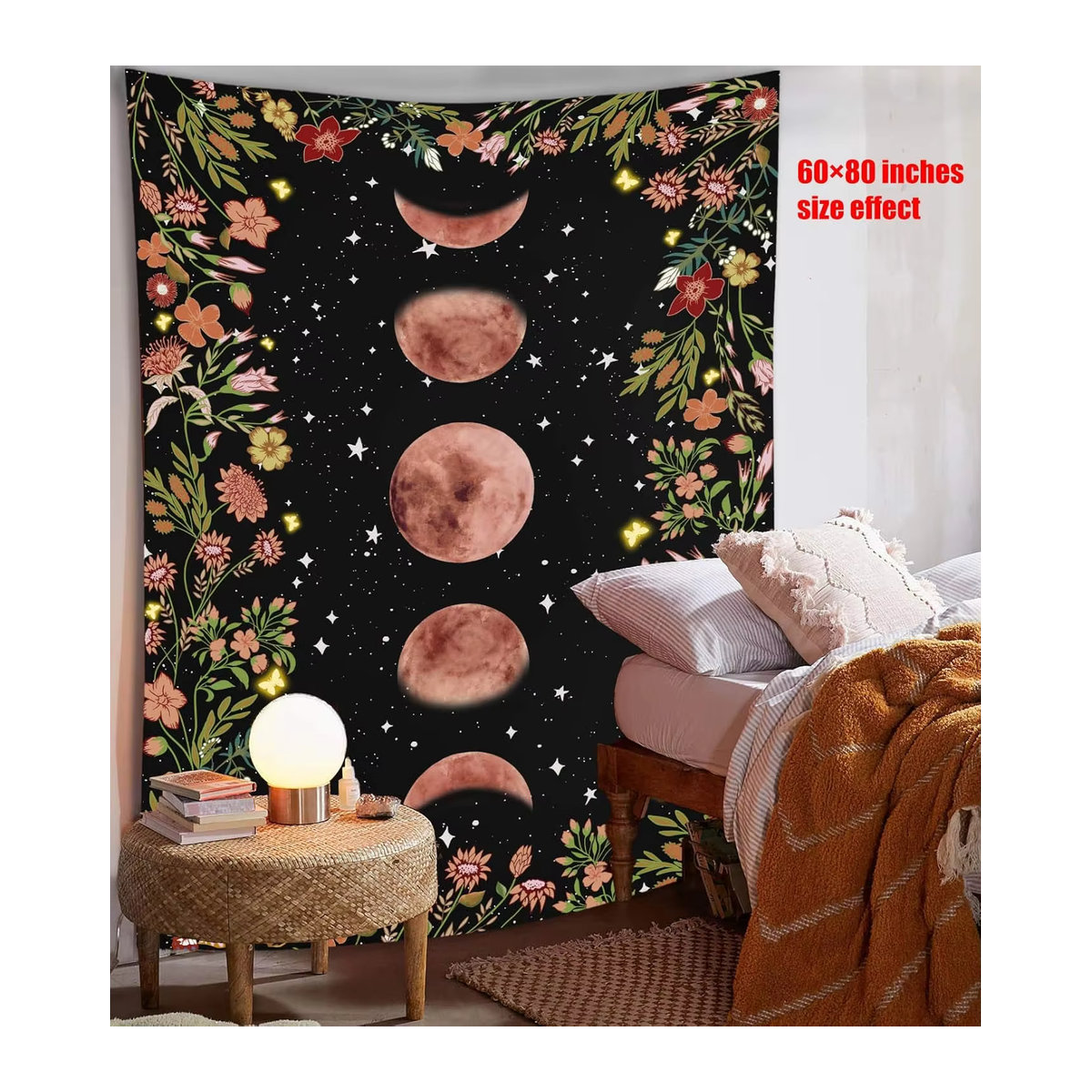 VIKAMA Wandteppich Mondlicht mit Blumen und Pflanzen im Bohemian Stil, Schwarz, B/H: 60 x 40 cm - Bild 4