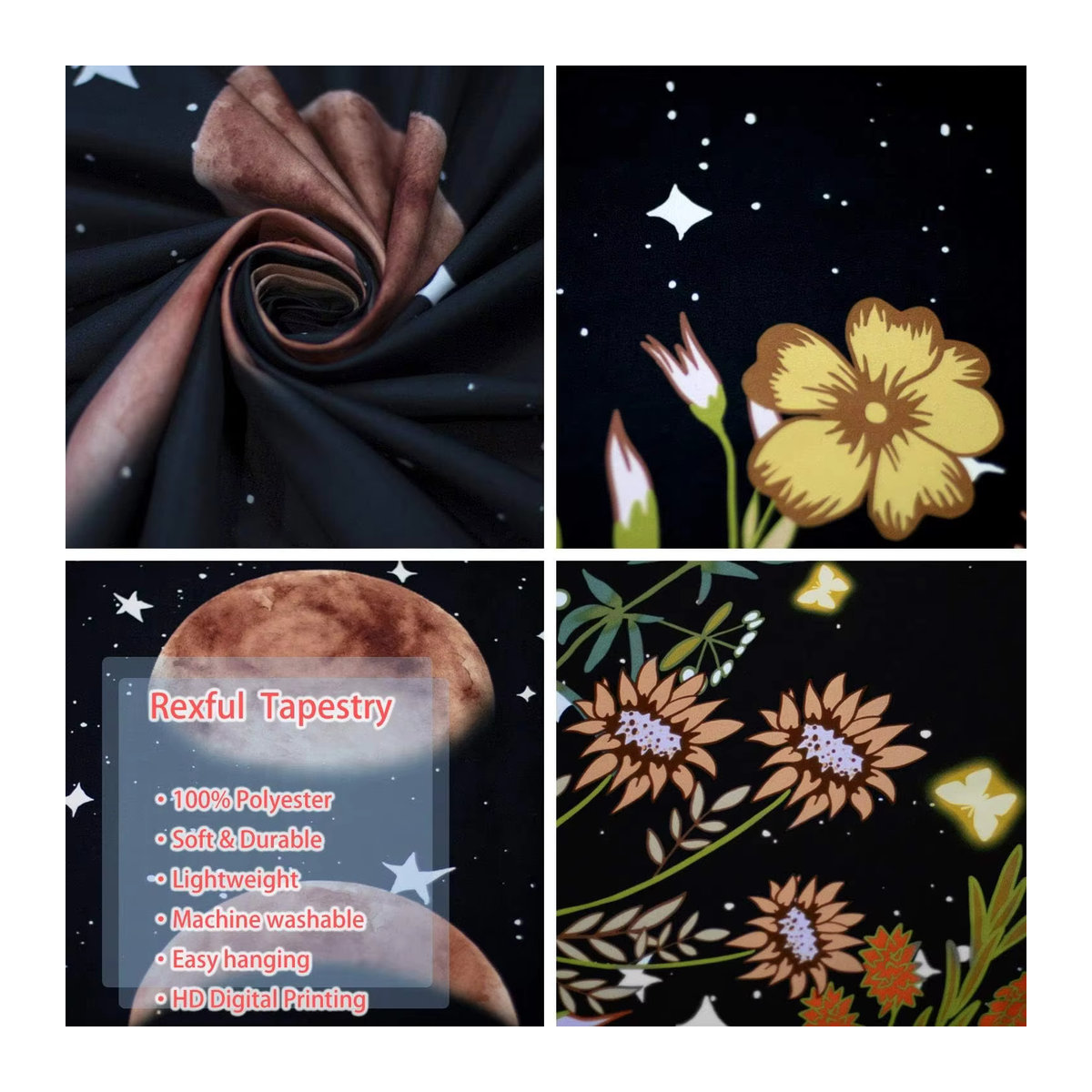 VIKAMA Wandteppich Mondlicht mit Blumen und Pflanzen im Bohemian Stil, Schwarz, B/H: 60 x 40 cm - Bild 6