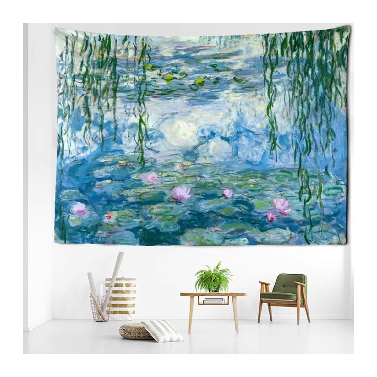 VIKAMA Wandteppich Monet Seerose Floral in Blau als Wanddekoration für Wohnzimmer und Schlafzimmer - Bild 1