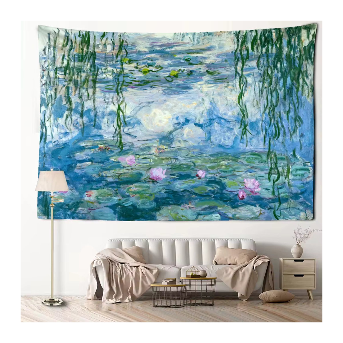 VIKAMA Wandteppich Monet Seerose Floral in Blau als Wanddekoration für Wohnzimmer und Schlafzimmer - Bild 3