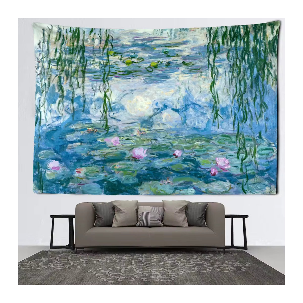 VIKAMA Wandteppich Monet Seerose Floral in Blau als Wanddekoration für Wohnzimmer und Schlafzimmer - Bild 4