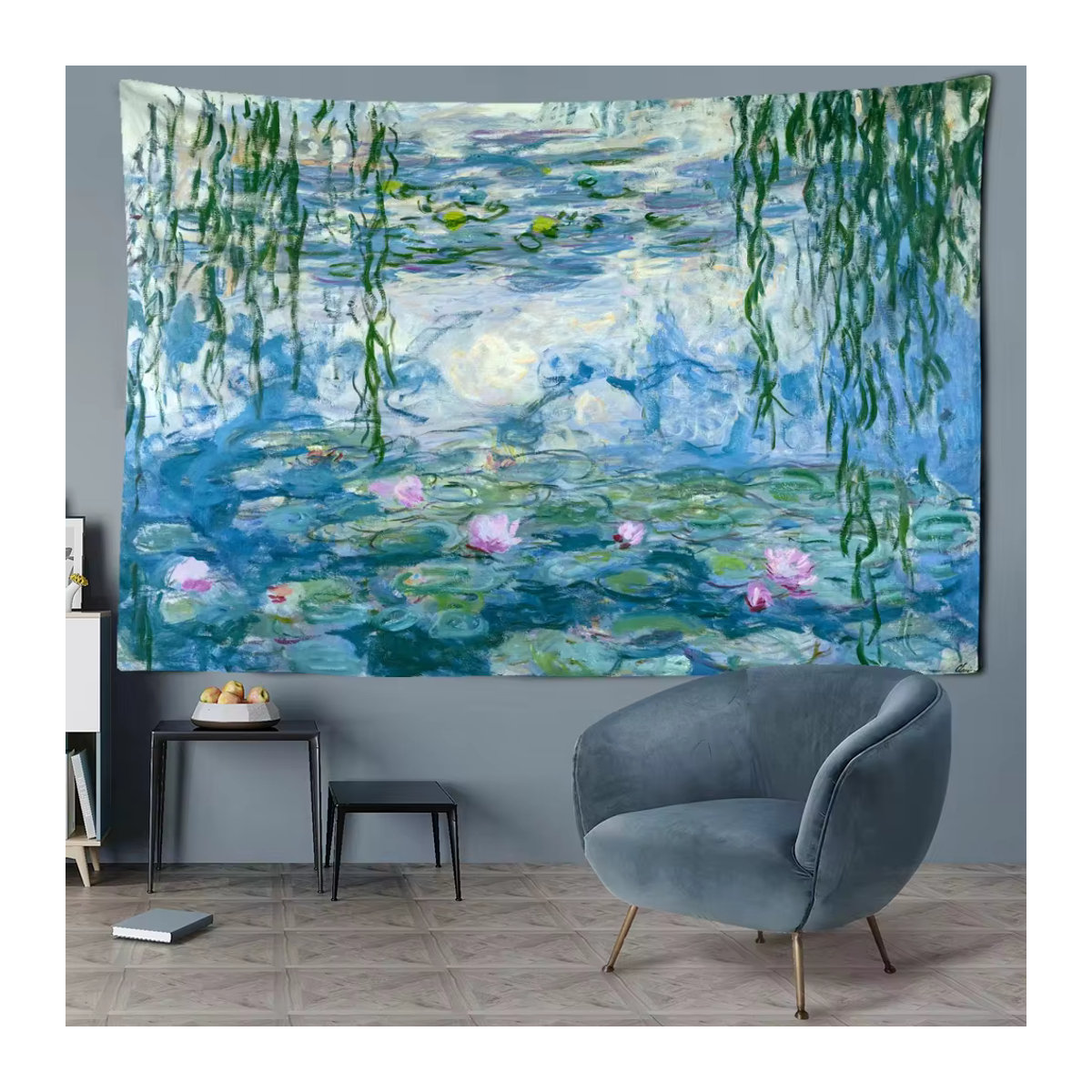VIKAMA Wandteppich Monet Seerose Floral in Blau als Wanddekoration für Wohnzimmer und Schlafzimmer - Bild 5