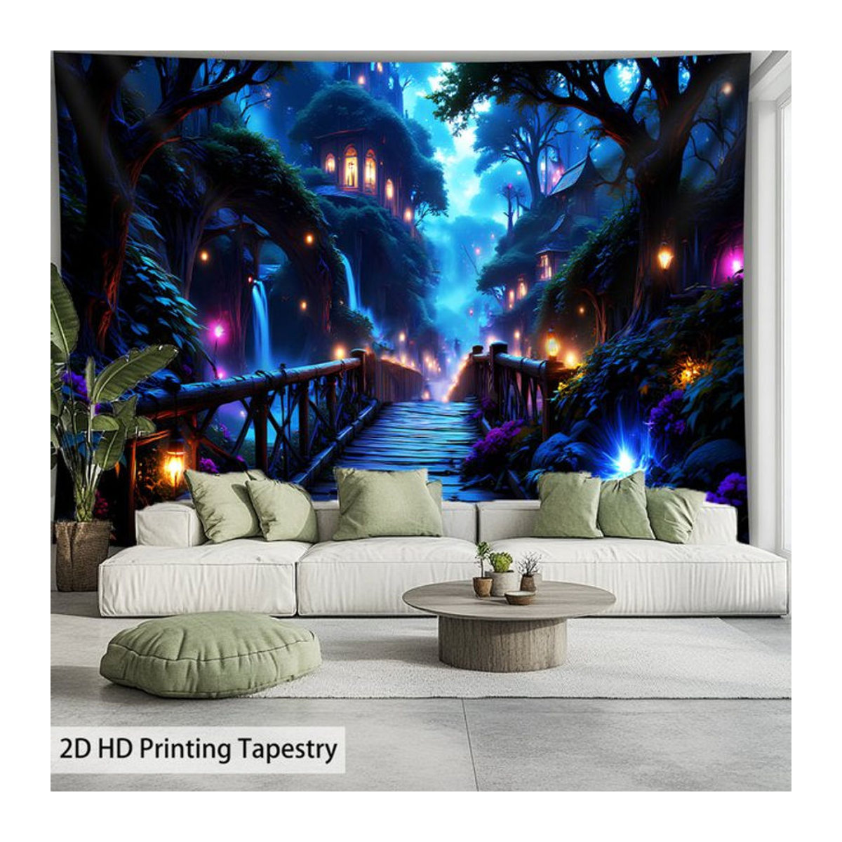 VIKAMA Wandteppich Nachtlandschaft mit Traumwald und Holzbrücke, Blau, Textil, B: 60 cm, H: 40 cm - Bild 1