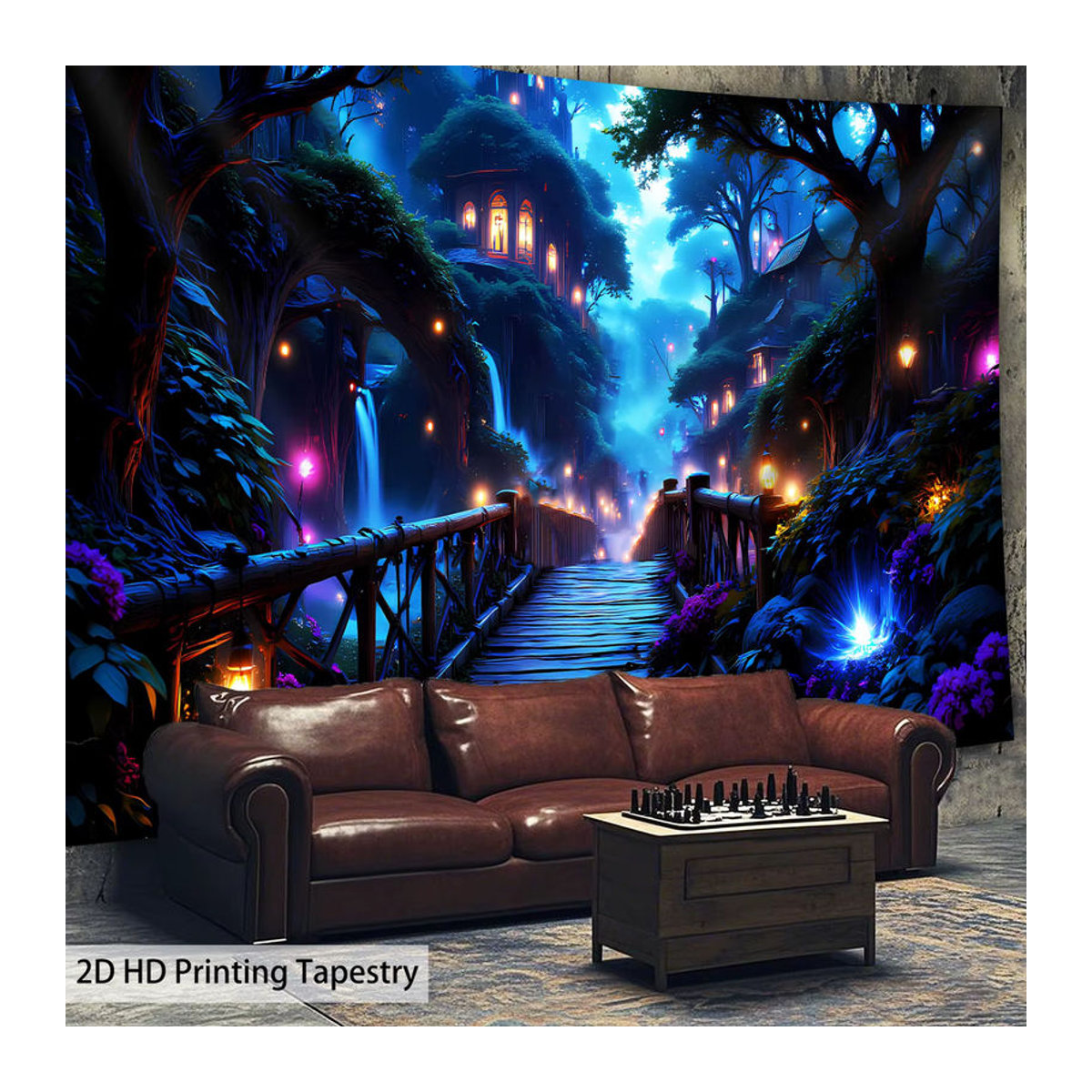 VIKAMA Wandteppich Nachtlandschaft mit Traumwald und Holzbrücke, Blau, Textil, B: 60 cm, H: 40 cm - Bild 2