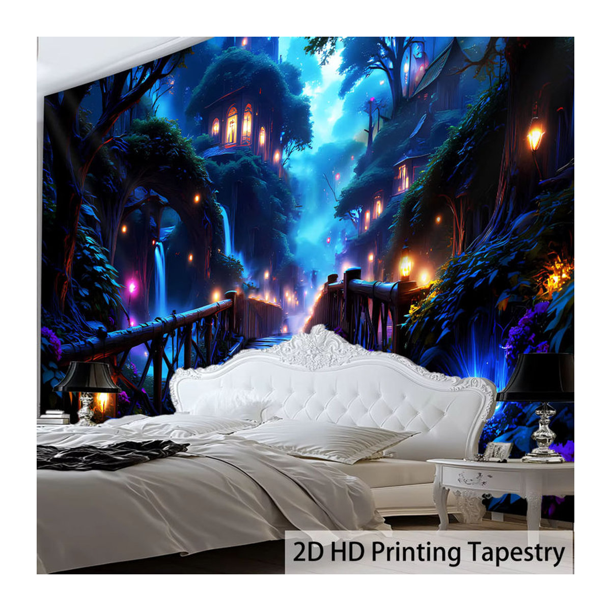 VIKAMA Wandteppich Nachtlandschaft mit Traumwald und Holzbrücke, Blau, Textil, B: 60 cm, H: 40 cm - Bild 4