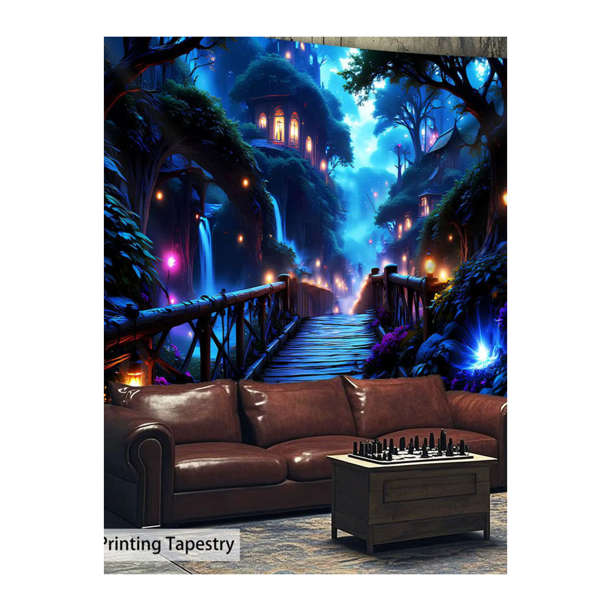 VIKAMA Wandteppich Nachtlandschaft mit Traumwald und Holzbrücke, Blau, Textil, B: 60 cm, H: 40 cm - Bild 5