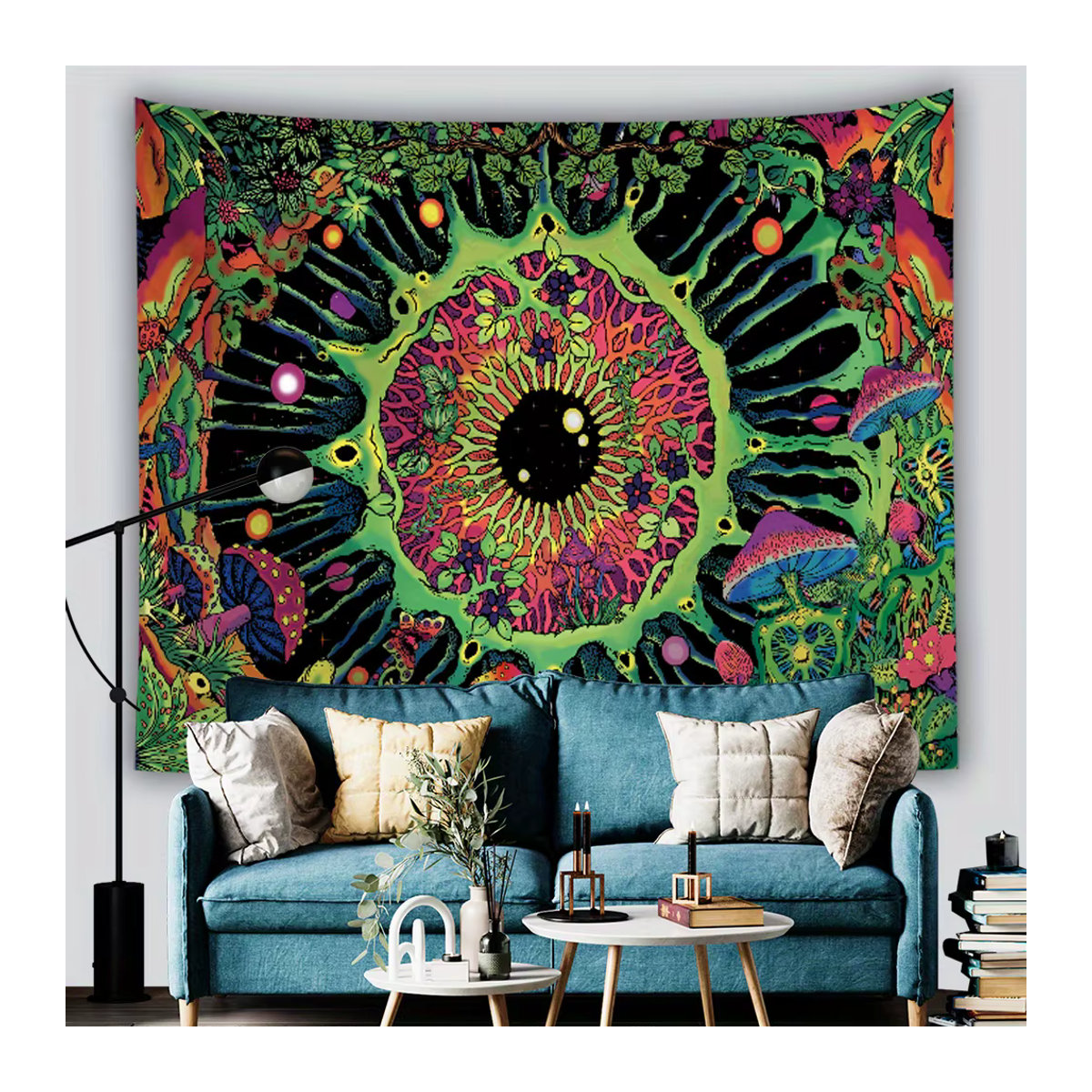 VIKAMA Wandteppich Pilz-Auge mit Mandala-Muster in Mehrfarbig, fluoreszierender Hippie-Wandbehang im Bohemian-Stil, B/H: 100 x 75 cm - Bild 1
