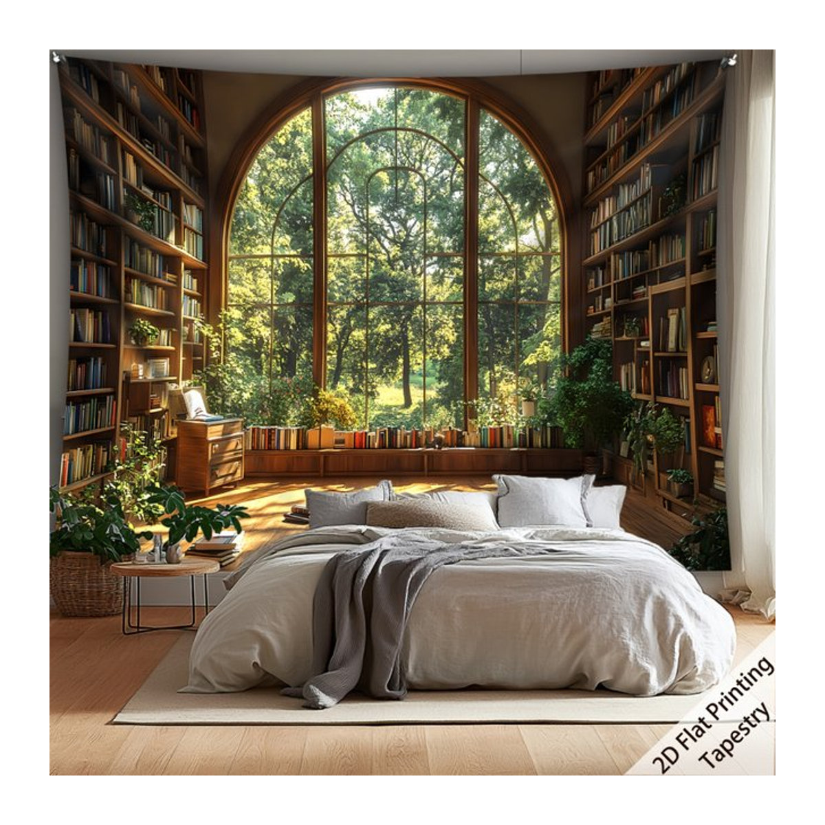 VIKAMA Wandteppich Retro-Fensterblick Bibliotheks-Motiv mit Wald-Kunstkollektion, mehrfarbig, B/H: 60 x 40 cm - Bild 1