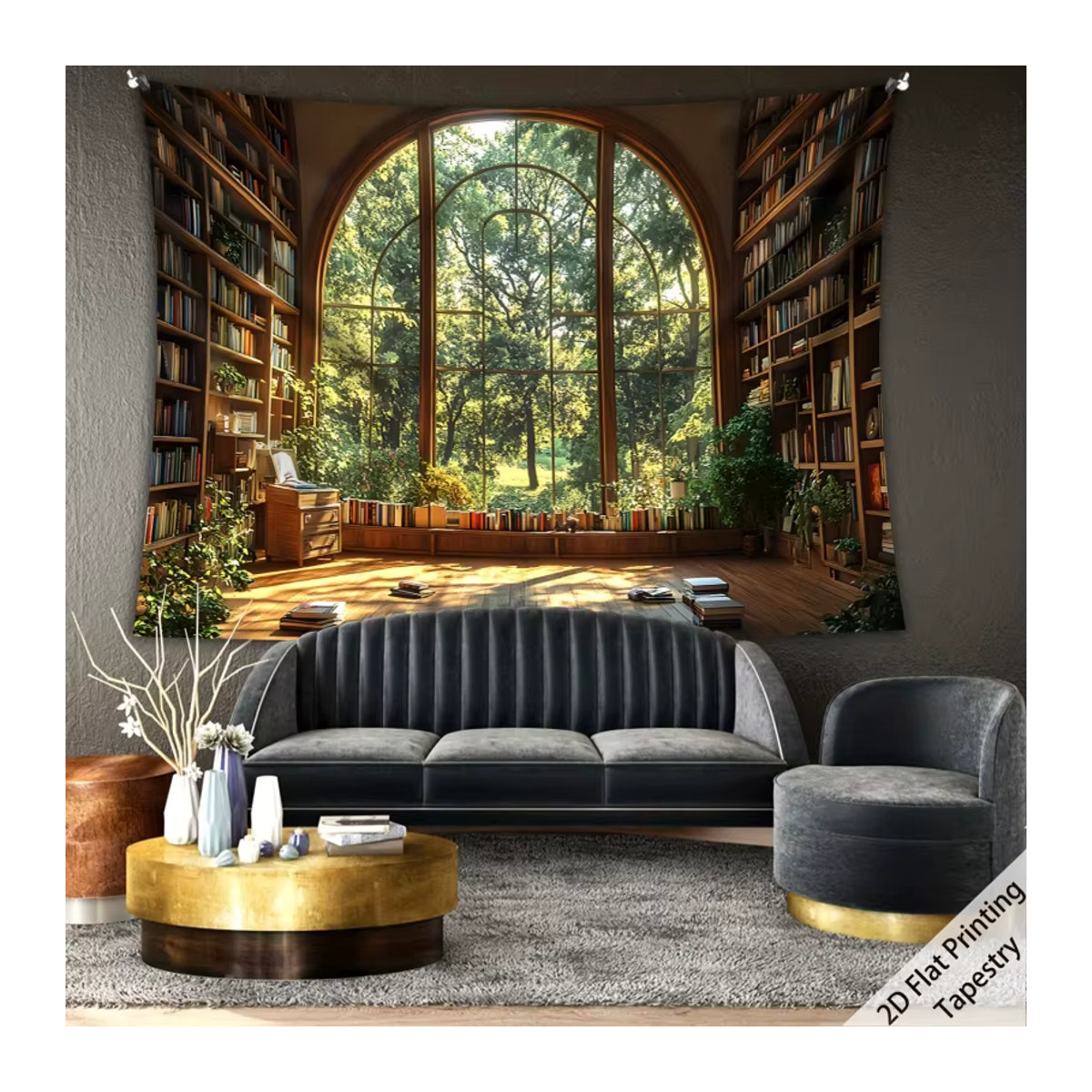 VIKAMA Wandteppich Retro-Fensterblick Bibliotheks-Motiv mit Wald-Kunstkollektion, mehrfarbig, B/H: 60 x 40 cm - Bild 2