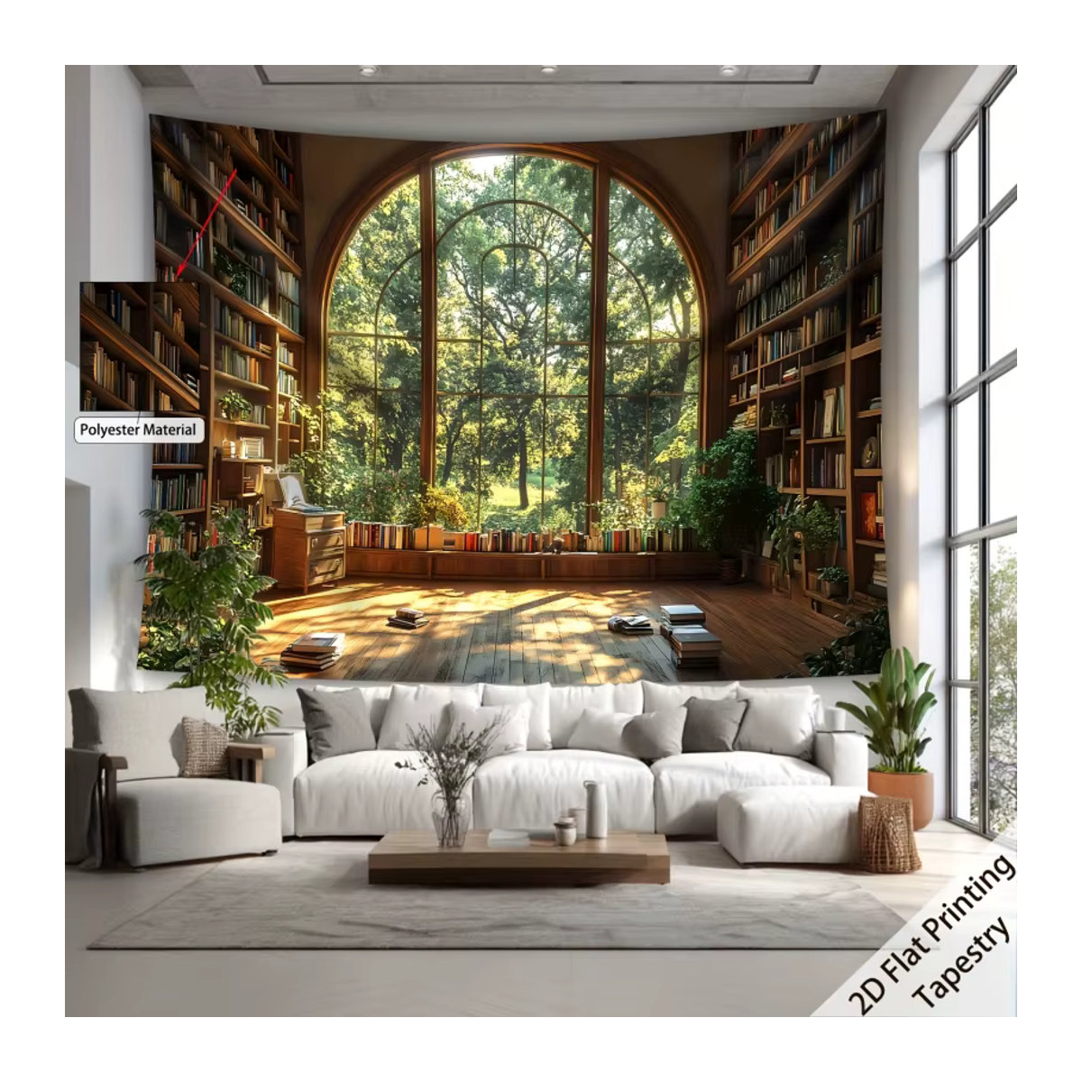 VIKAMA Wandteppich Retro-Fensterblick Bibliotheks-Motiv mit Wald-Kunstkollektion, mehrfarbig, B/H: 60 x 40 cm - Bild 3