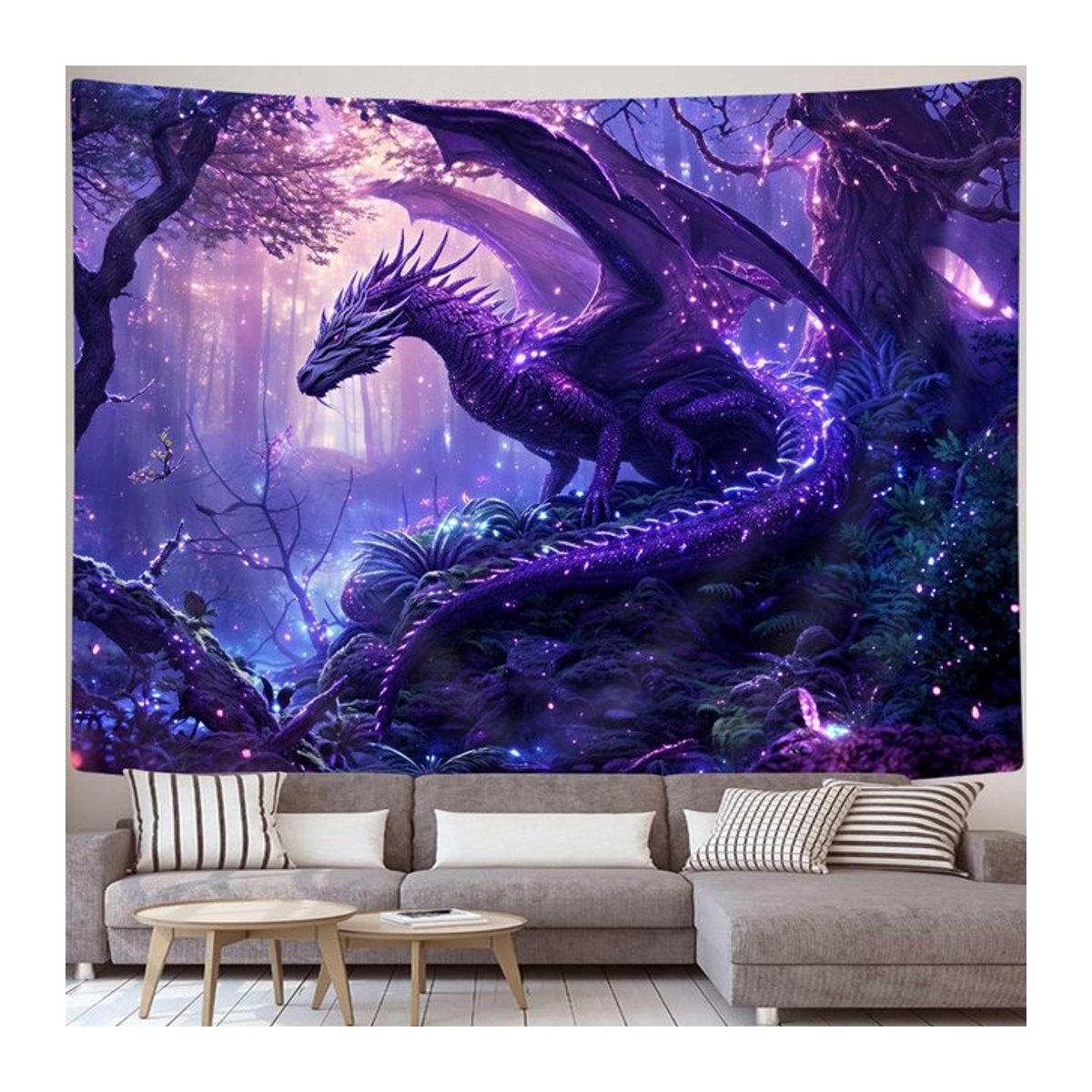 VIKAMA Wandteppich Skandinavischer Fantasy-Drache in Lila mit Sternen und magischer Waldszene, Rechteckig, Textil - Bild 1