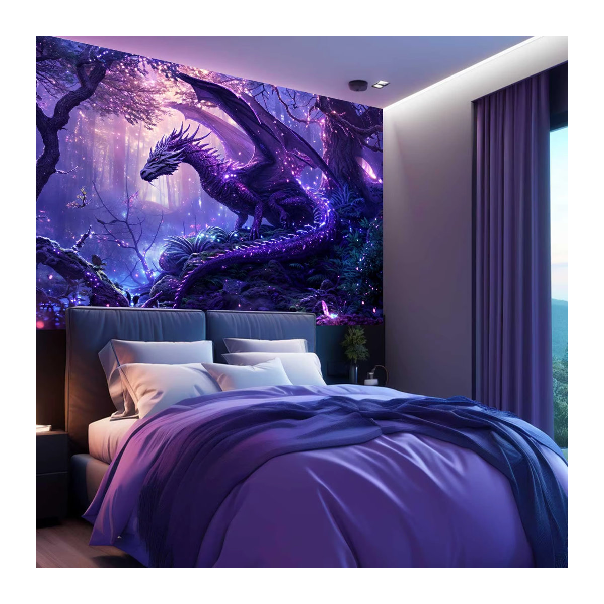 VIKAMA Wandteppich Skandinavischer Fantasy-Drache in Lila mit Sternen und magischer Waldszene, Rechteckig, Textil - Bild 2