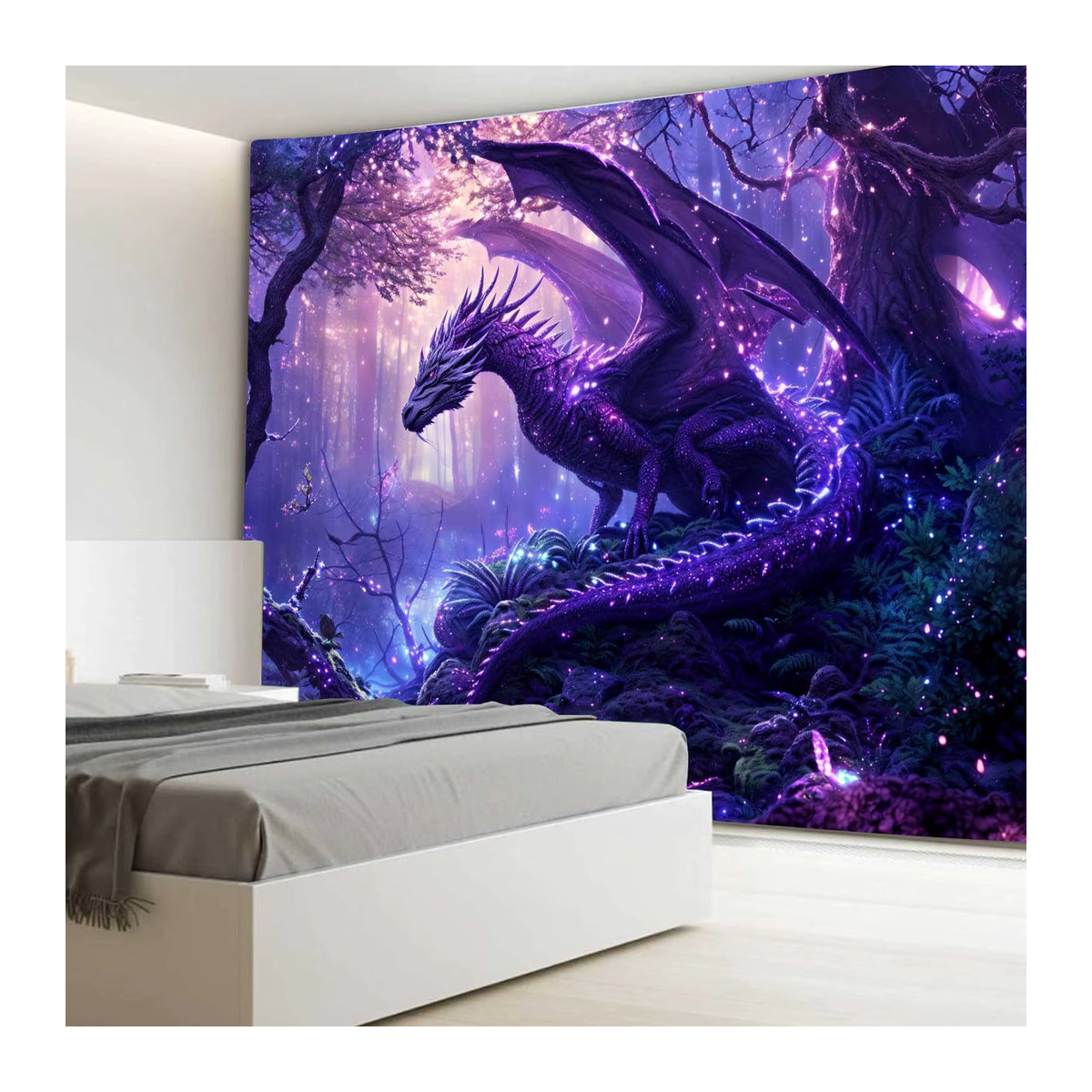 VIKAMA Wandteppich Skandinavischer Fantasy-Drache in Lila mit Sternen und magischer Waldszene, Rechteckig, Textil - Bild 3