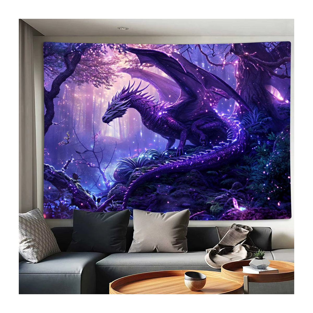 VIKAMA Wandteppich Skandinavischer Fantasy-Drache in Lila mit Sternen und magischer Waldszene, Rechteckig, Textil - Bild 4