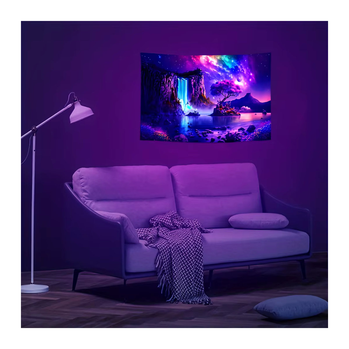 VIKAMA Wandteppich Sternenhimmel in Lila, ultraviolett fluoreszierender Wandbehang im Bohemian Stil, Rechteckig - Bild 2