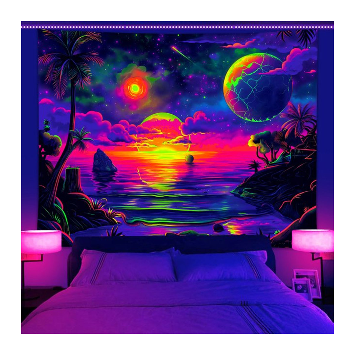 VIKAMA Wandteppich Strand Kokospalme mit Sternenhimmel und Sonnenuntergang, mehrfarbig, Textil, B/H: 60 x 40 cm - Bild 1