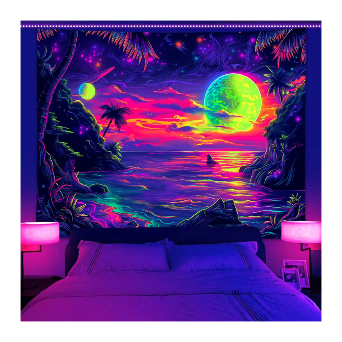 VIKAMA Wandteppich Strand Kokospalme mit Sternenhimmel und Sonnenuntergang, mehrfarbig, Textil, B/H: 60 x 40 cm - Bild 2
