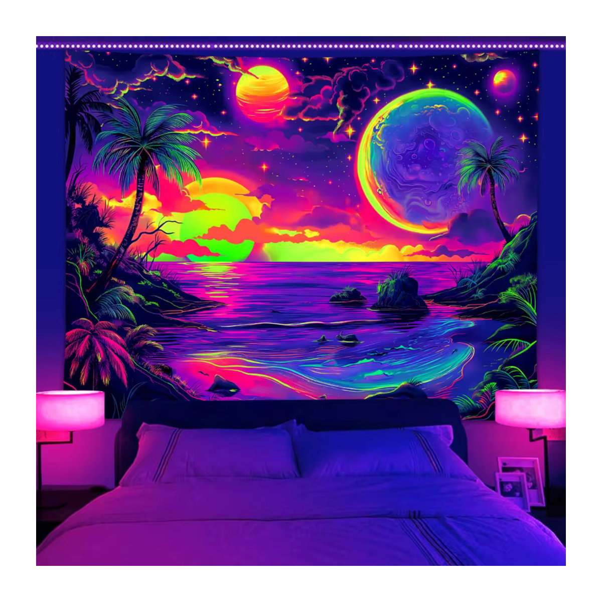 VIKAMA Wandteppich Strand Kokospalme mit Sternenhimmel und Sonnenuntergang, mehrfarbig, Textil, B/H: 60 x 40 cm - Bild 3