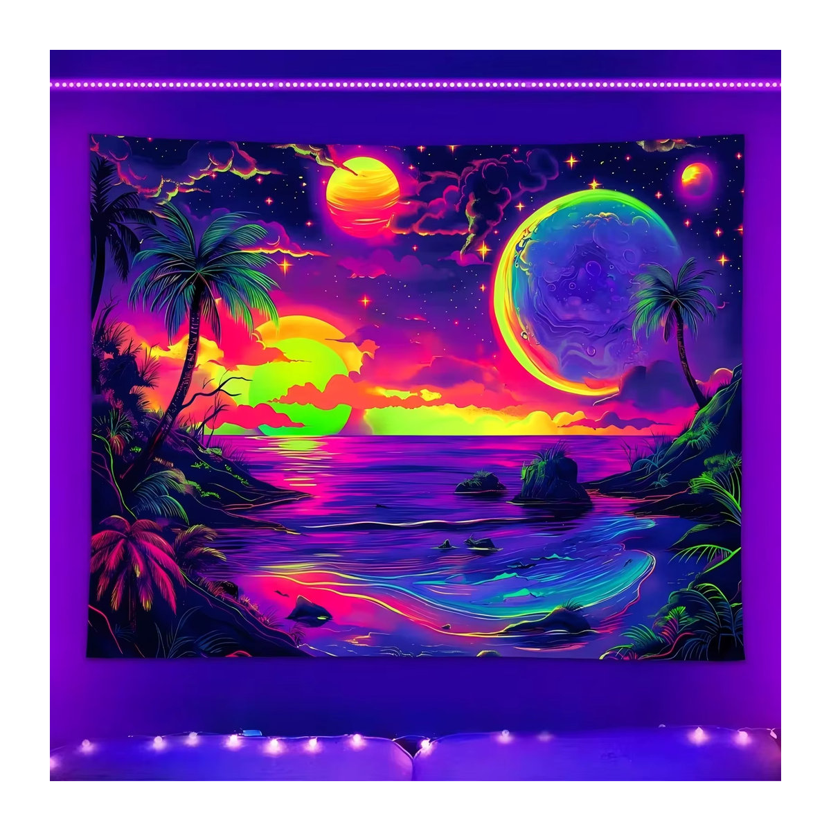 VIKAMA Wandteppich Strand Kokospalme mit Sternenhimmel und Sonnenuntergang, mehrfarbig, Textil, B/H: 60 x 40 cm - Bild 4