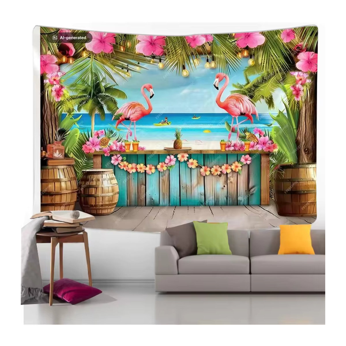 VIKAMA Wandteppich Tropische Fantasie mit Flamingo und Tiki Bar Design, mehrfarbig, B: 150 cm, H: 90 cm - Bild 1