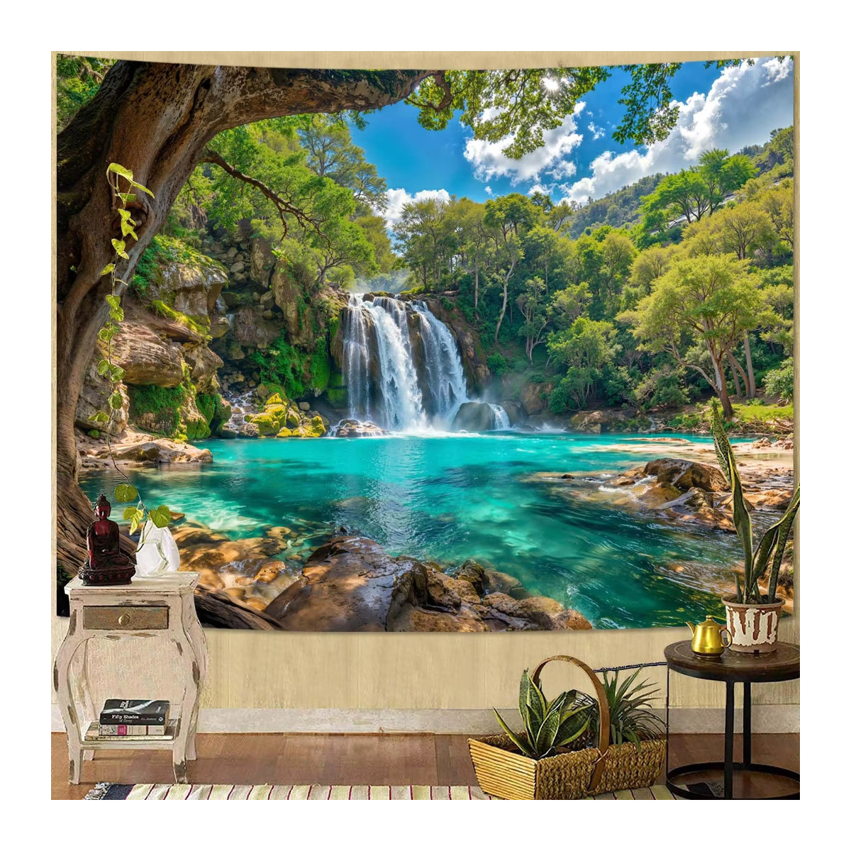 VIKAMA Wandteppich Tropischer Wald mit Wasserfall als dekorativer Wandbehang in Mehrfarbig, Rechteckig, B: 60 cm, H: 40 cm, T: 40 cm - Bild 2