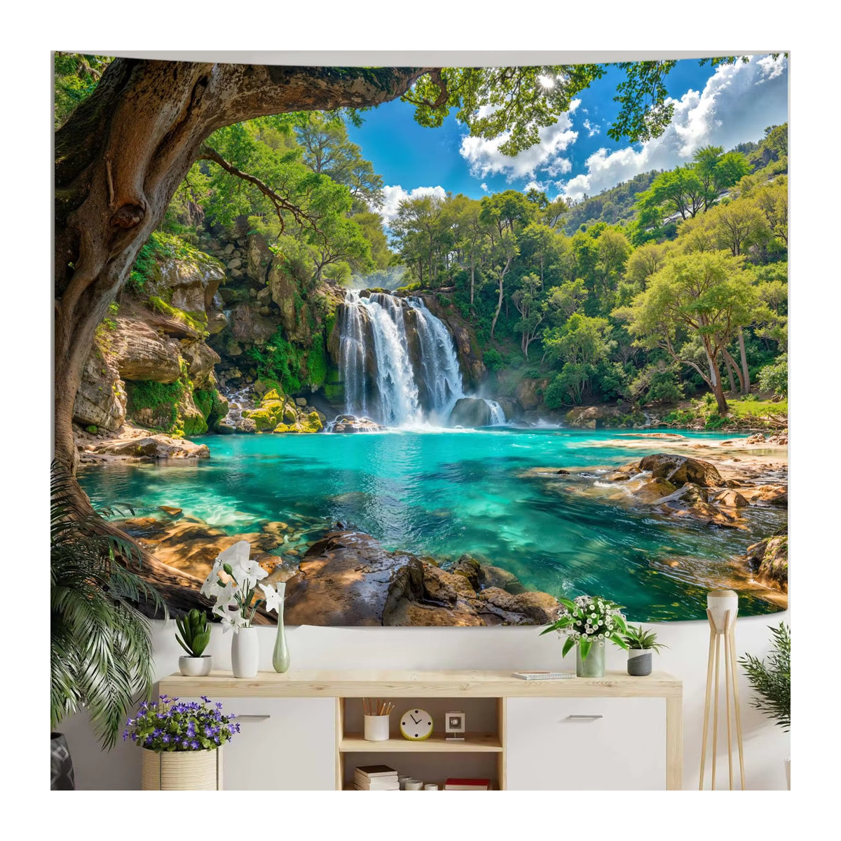 VIKAMA Wandteppich Tropischer Wald mit Wasserfall als dekorativer Wandbehang in Mehrfarbig, Rechteckig, B: 60 cm, H: 40 cm, T: 40 cm - Bild 3