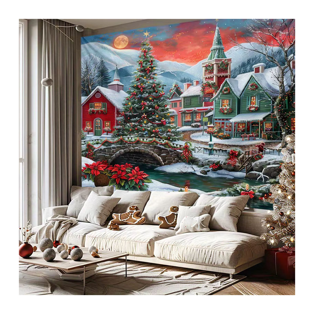 VIKAMA Wandteppich Weihnachts-Landschaft Snowy Town Stone Bridge, mehrfarbig, B/H: 60 x 40 cm - Bild 2