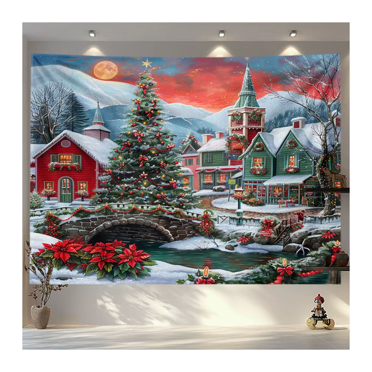 VIKAMA Wandteppich Weihnachts-Landschaft Snowy Town Stone Bridge, mehrfarbig, B/H: 60 x 40 cm - Bild 4