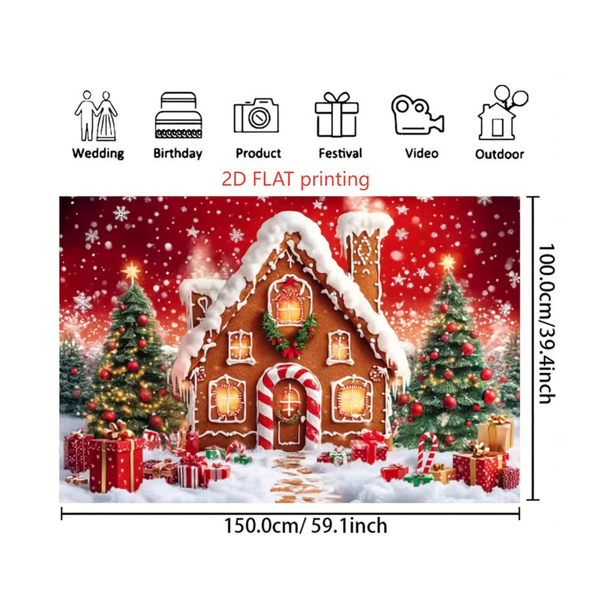 VIKAMA Weihnachten Wandteppich mit Lebkuchenhaus und Schneeszene, mehrfarbig, Textil-Wandbehang für dein Wohnzimmer, B/H: 60 x 40 cm - Bild 3