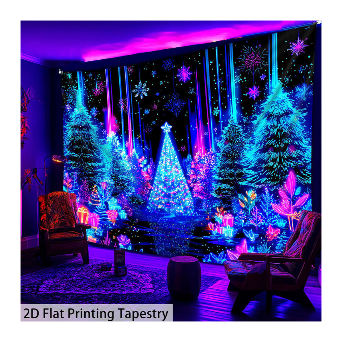 VIKAMA Weihnachten Wandteppich mit Wald- und Schneelandschaft, mehrfarbig, Textil-Wandbehang für Wohnzimmer und Dekoration - Bild 3