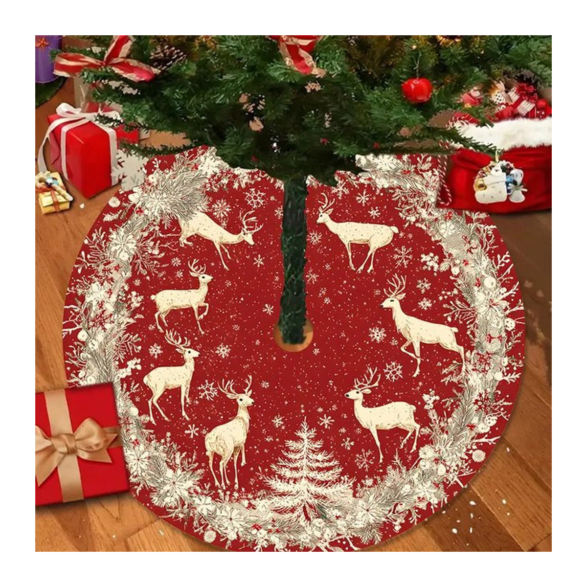 VIKAMA Weihnachts-Rentier-Baumkleid im klassischen Stil, Rot und Weiß - Bild 1