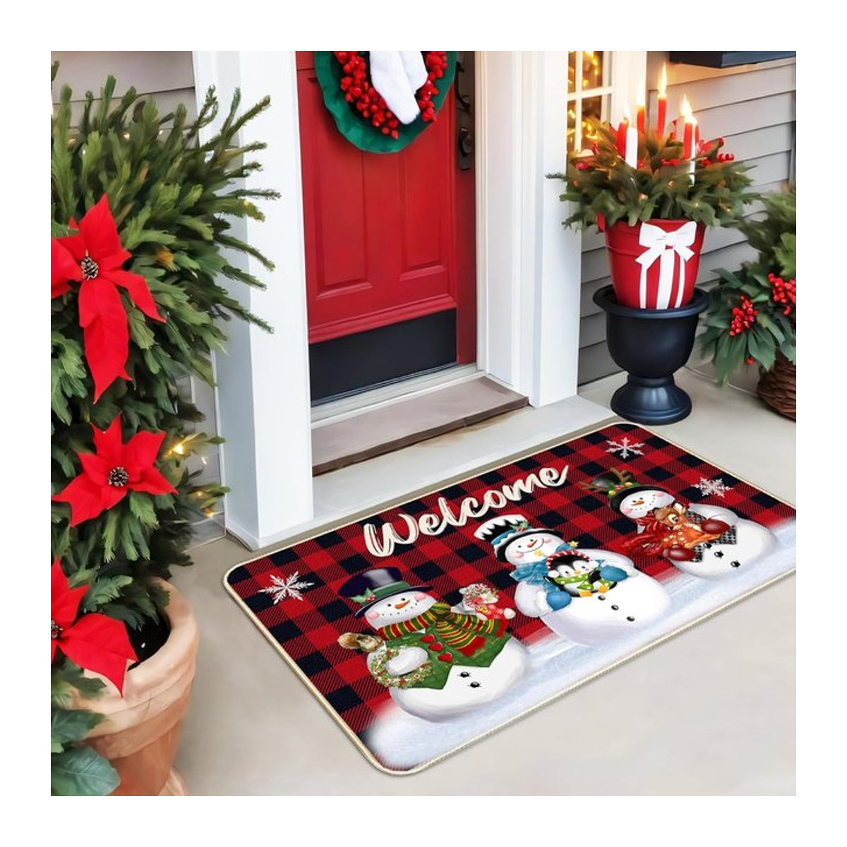 VIKAMA Weihnachts-Schneemann-Teppich in Rot für Innen und Außen, rutschfeste Fußmatte als Weihnachtsdekoration - Bild 1