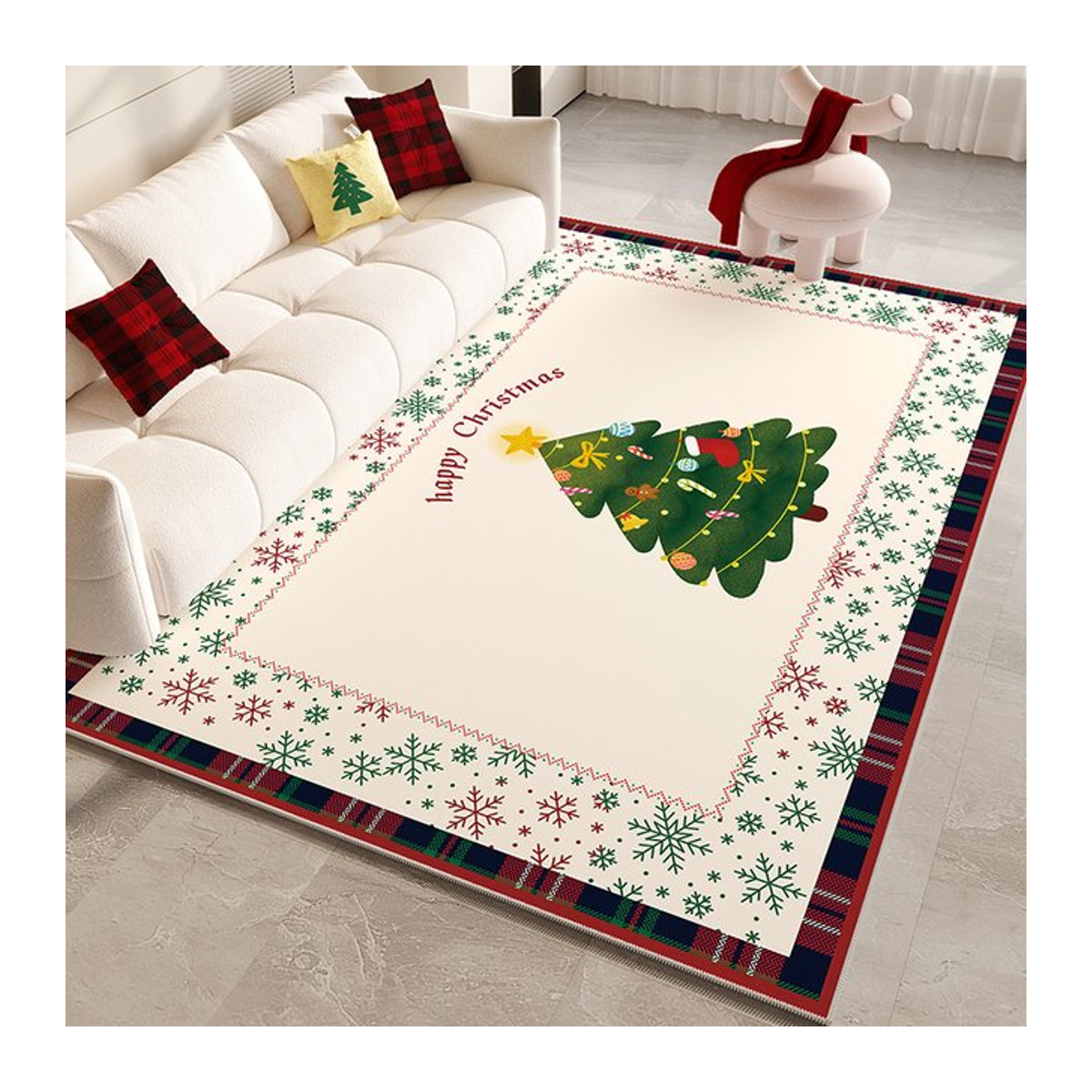 VIKAMA Weihnachts Teppich für Wohnzimmer und Schlafzimmer in Weiß als rutschfeste Bodenmatte zur Heimdekoration - Bild 1