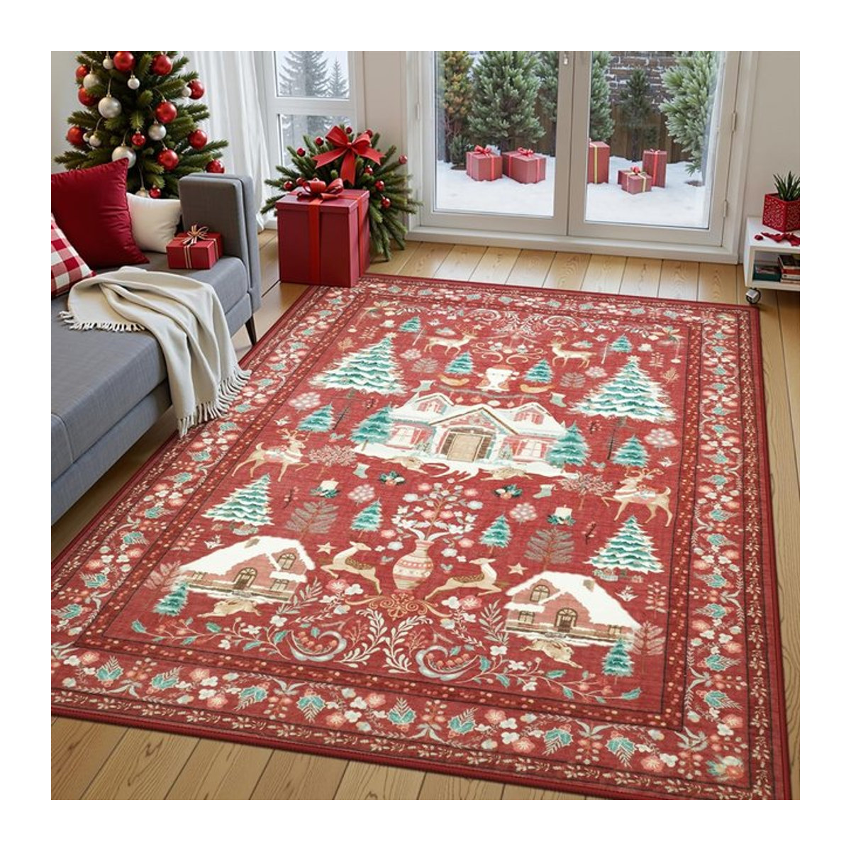 VIKAMA Weihnachts Teppich im Bohemian Design, rot, rutschfeste Bodenmatte für Wohnzimmer und Schlafzimmer - Bild 1