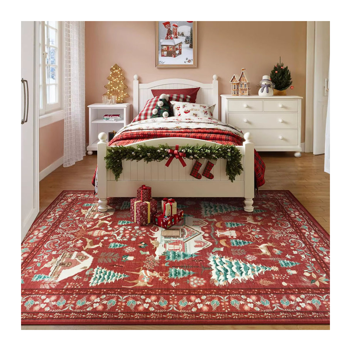 VIKAMA Weihnachts Teppich im Bohemian Design, rot, rutschfeste Bodenmatte für Wohnzimmer und Schlafzimmer - Bild 3