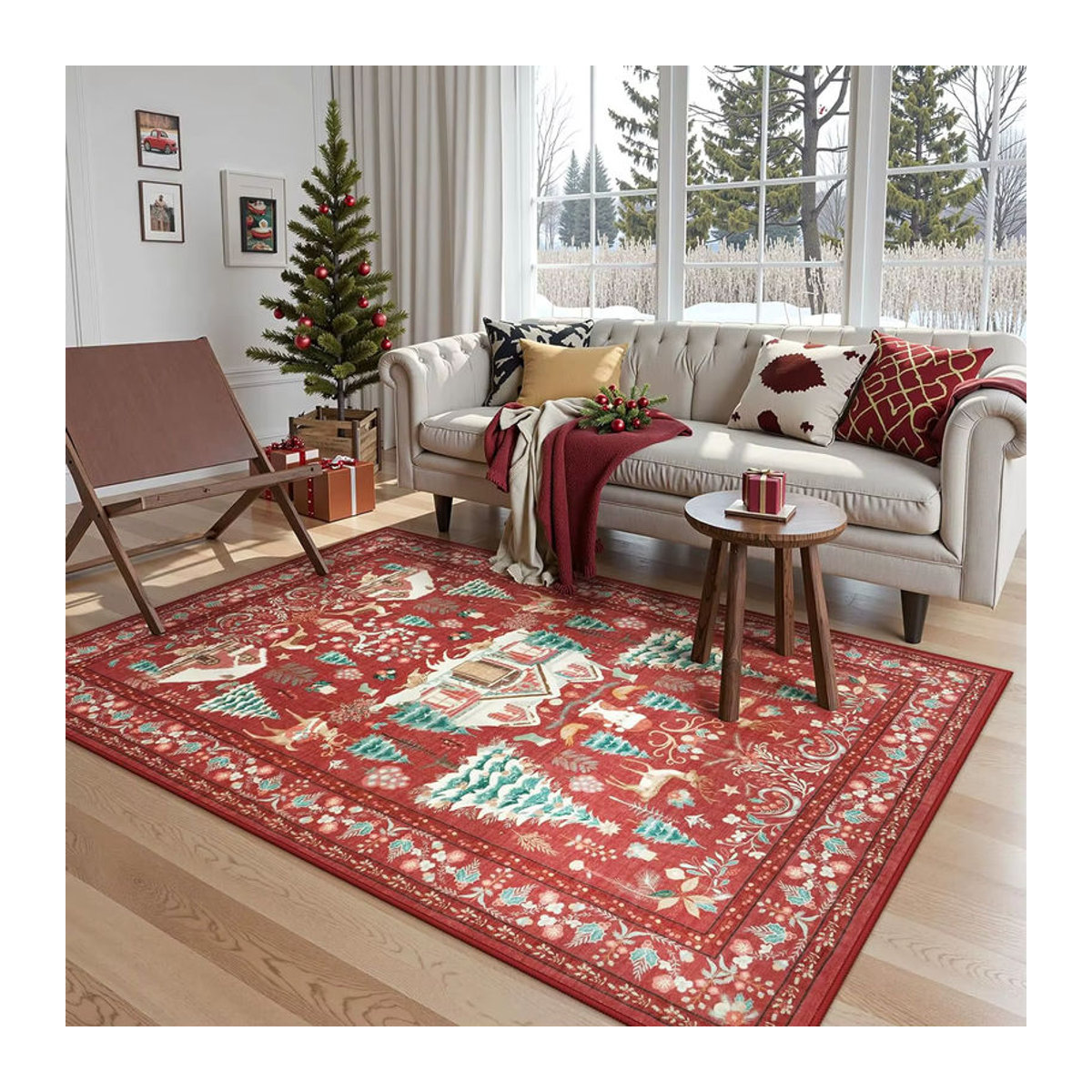 VIKAMA Weihnachts Teppich im Bohemian Design, rot, rutschfeste Bodenmatte für Wohnzimmer und Schlafzimmer - Bild 4