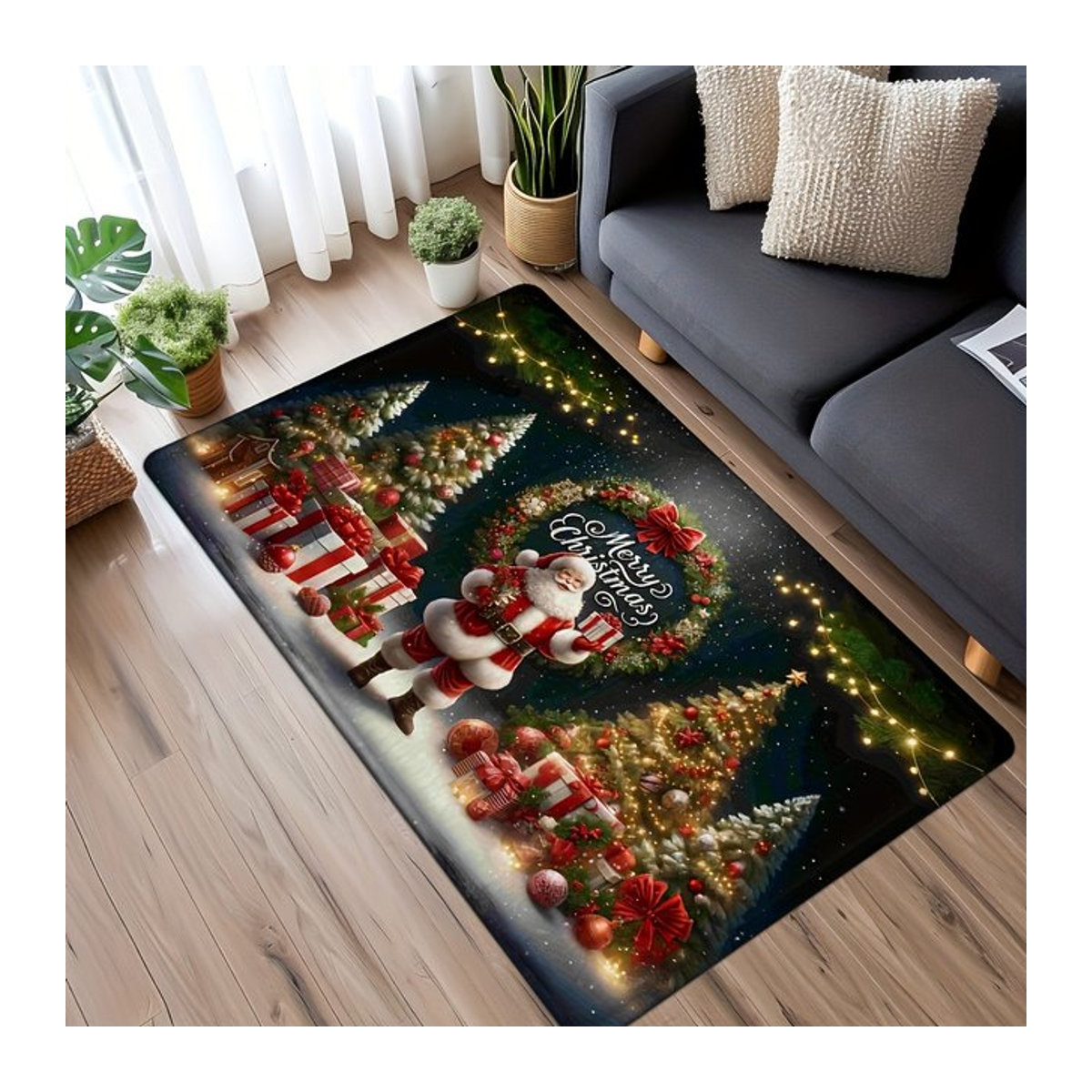 VIKAMA Weihnachts-Teppich mit Weihnachtsmann-Motiv, mehrfarbig, weiche Bodenmatte für Wohnzimmer, Schlafzimmer oder Flur - Bild 1