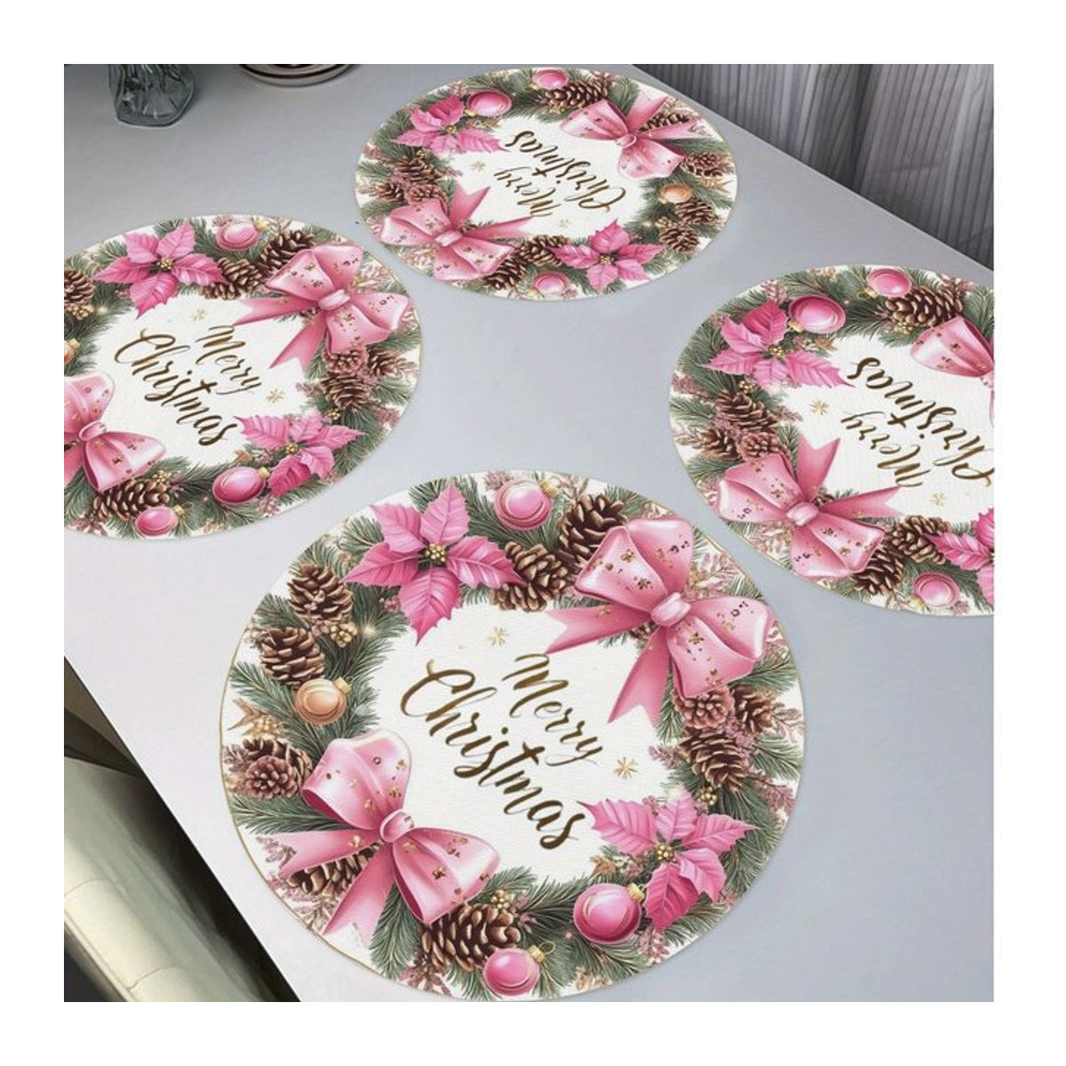 VIKAMA Weihnachts-Tischset mit Blumenkranz und roten Tannenzapfen, waschbar und hitzebeständig, mehrfarbig - Bild 1