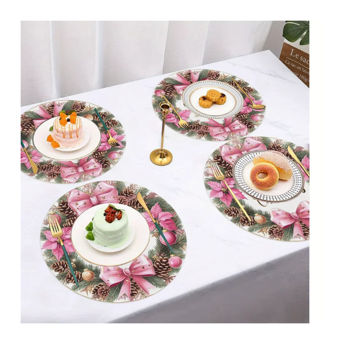 VIKAMA Weihnachts-Tischset mit Blumenkranz und roten Tannenzapfen, waschbar und hitzebeständig, mehrfarbig - Bild 2