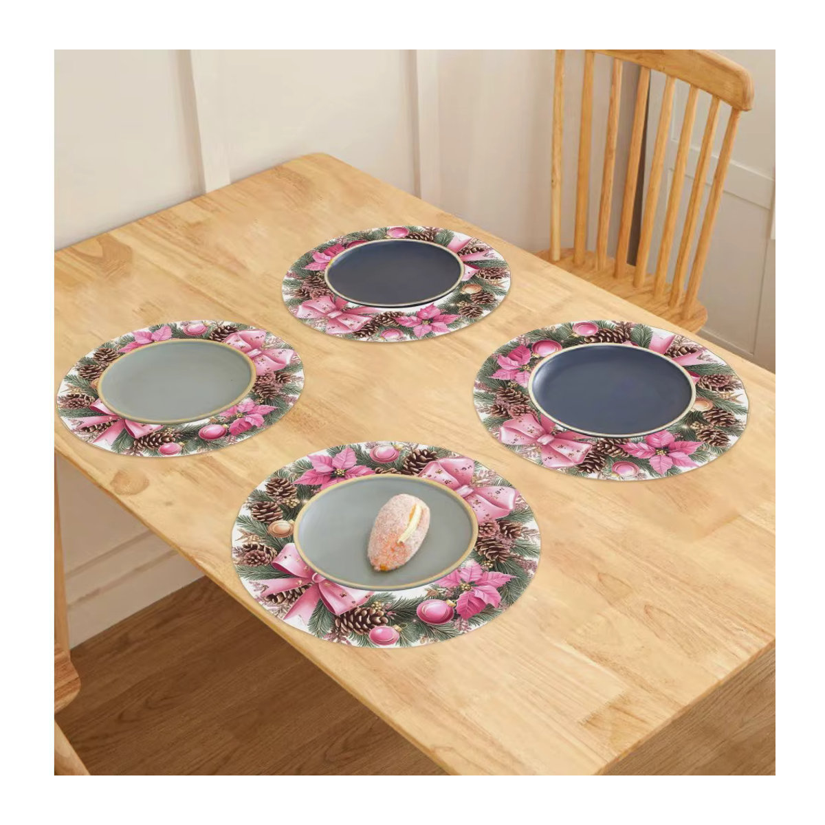 VIKAMA Weihnachts-Tischset mit Blumenkranz und roten Tannenzapfen, waschbar und hitzebeständig, mehrfarbig - Bild 3