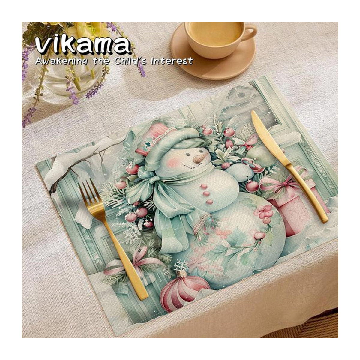VIKAMA Weihnachts-Tischsets aus Leinen mit Rentier- und Schneemann-Print, mehrfarbig - Bild 1