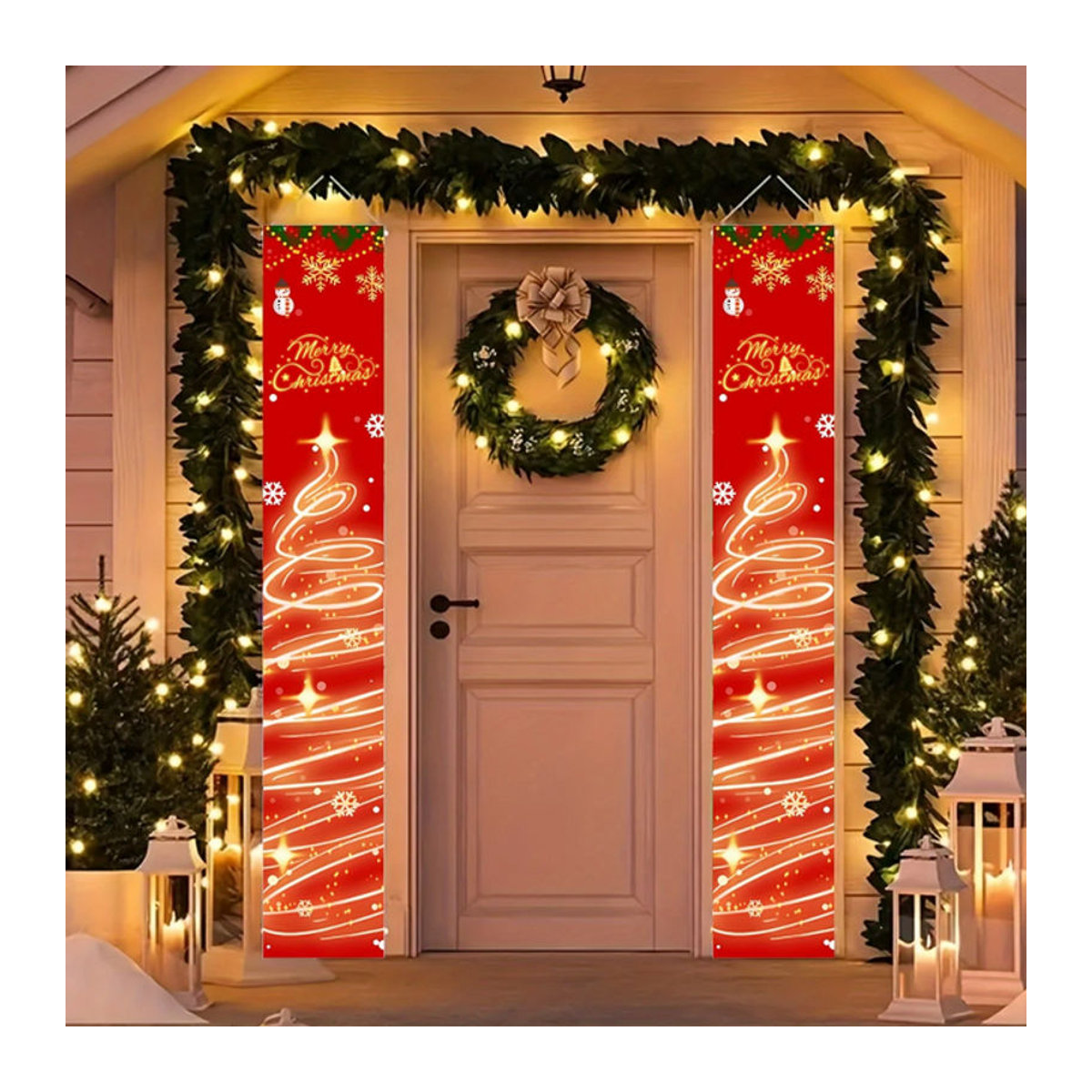 VIKAMA Weihnachts-Türbanner mit Schneeflocken in Rot, hängende Textil-Dekoration für Haustür und Veranda, B/H: 30 x 180 cm - Bild 1