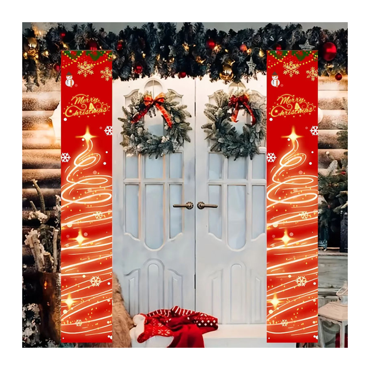 VIKAMA Weihnachts-Türbanner mit Schneeflocken in Rot, hängende Textil-Dekoration für Haustür und Veranda, B/H: 30 x 180 cm - Bild 3