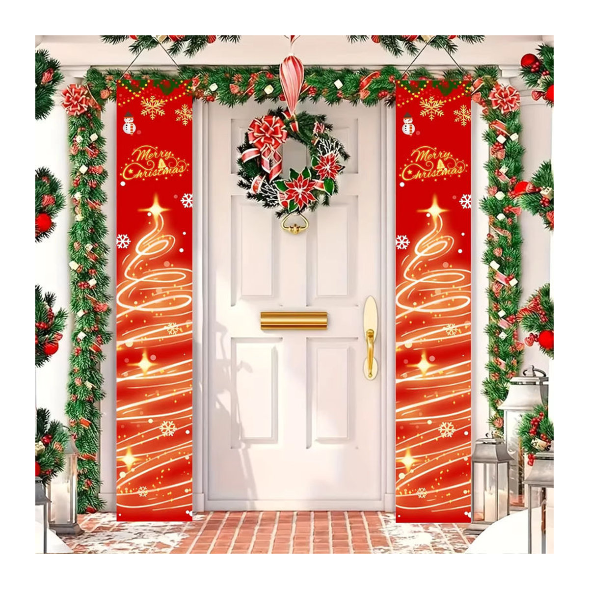 VIKAMA Weihnachts-Türbanner mit Schneeflocken in Rot, hängende Textil-Dekoration für Haustür und Veranda, B/H: 30 x 180 cm - Bild 4
